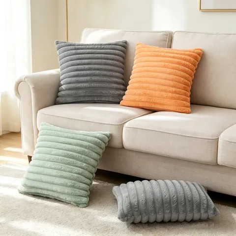 Nordic Modern Ribbed Faux Rabbit Fur Pillow Cover Soft Plush Striped Decorative Cushion Case For Sofa Home Living Room