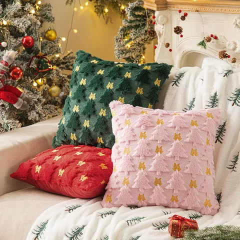 Christmas Tree Bow Embroidery Plush Pillowcase Soft Decorative Cushion Cover For Sofa Living Room Holiday Home Decor