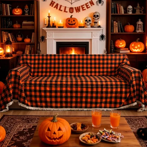 Funda de Sofá Halloween Cuadros Buffalo Naranja Negro Tela Vintage Americana Protector de Muebles Con Borlas Decoración Hogar