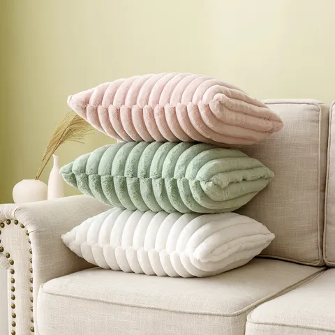 Nordic Modern Ribbed Faux Rabbit Fur Pillow Cover Soft Plush Striped Decorative Cushion Case For Sofa Home Living Room