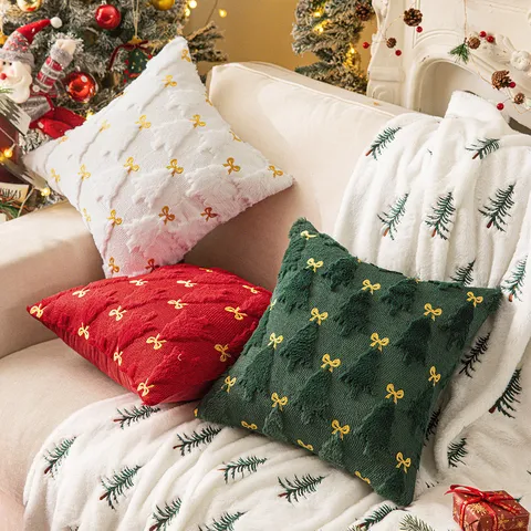 Christmas Tree Bow Embroidery Plush Pillowcase Soft Decorative Cushion Cover For Sofa Living Room Holiday Home Decor