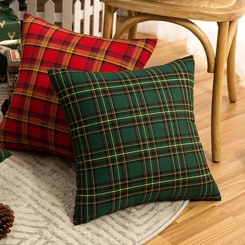 Vintage American Christmas Red Green Plaid Pillow Case Polyester Printed Throw Cushion Cover For Sofa Home Decor