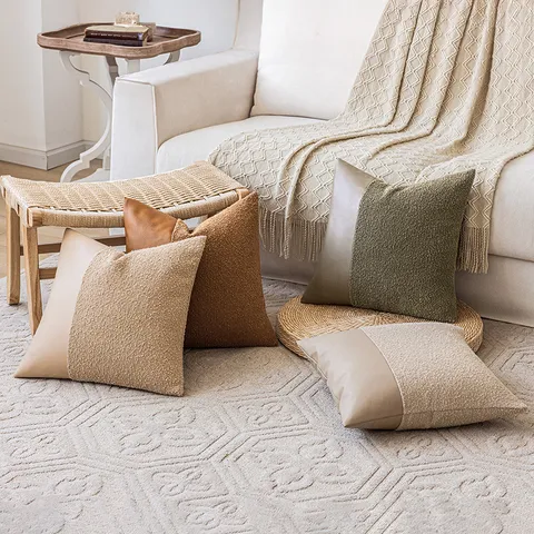Franse Vintage Bouclé Garen Kunstleer Patchwork Kussensloop Effen Kleur Vierkant Kussenhoes Voor Bank Bed Woonkamer Decoratief Zonder Kern