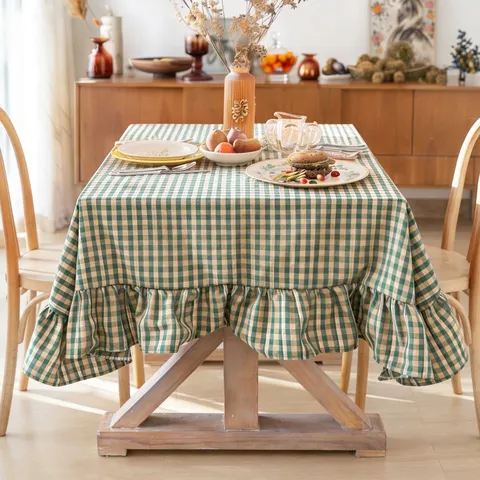 European Gingham Plaid Tablecloth With Ruffled Edge Vintage Polyester Rectangle Table Cloth For Dining Room Home Decor
