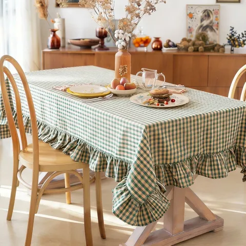 European Gingham Plaid Tablecloth With Ruffled Edge Vintage Polyester Rectangle Table Cloth For Dining Room Home Decor
