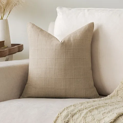 Wabi-Sabi Leinengemisch Karierter Kissenbezug Retro Gewebter Quadratischer Kissenbezug Für Sofa Wohnzimmer Deko Boho Stil