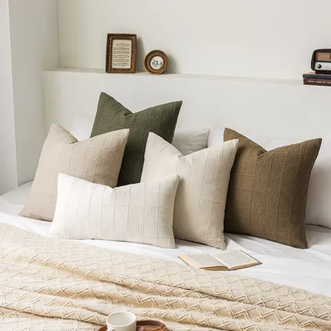 Wabi-Sabi Leinengemisch Karierter Kissenbezug Retro Gewebter Quadratischer Kissenbezug Für Sofa Wohnzimmer Deko Boho Stil