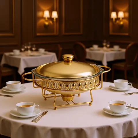 Gold Round Glass Chafing Dish With Stainless Steel Stand Alcohol Heating Food Warmer Buffet Server For Hotel Restaurant Party