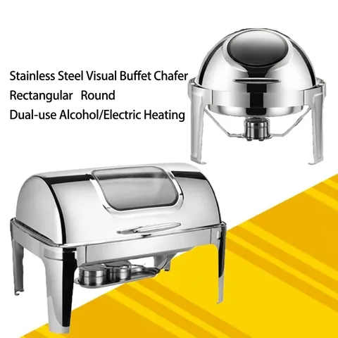 Professional Thickened Stainless Steel Buffet Chafing Dish For Hotel Restaurant With Visual Hydraulic Lid Alcohol Electric Heating Warming Tray