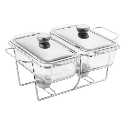 Chafing Dish Rectangulaire Double en Verre Serveur de Buffet Avec Chauffage à l'Alcool Support en Acier Inoxydable Chauffe-Plats pour Banquet Mariage Fête