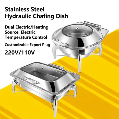 Stainless Steel Hydraulic Chafing Dish With Visual Glass Lid Hotel Buffet Warming Stove Catering Serving Food Warmer