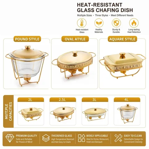 Luxury European Style Glass Chafing Dish With Gold Silver Stainless Steel Stand Heat Resistant Food Warmer Buffet Server For Banquet Party Wedding