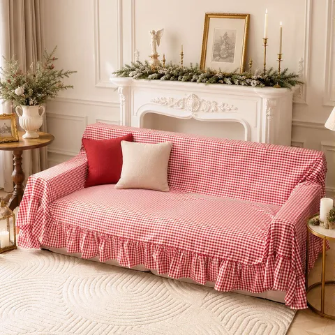 Funda de Sofá a Cuadros Vichy Rojos Con Borde de Volantes Estilo Dopamina Manta de Sofá Antideslizante Para Sala de Estar