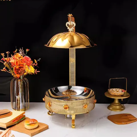 Luxury Stainless Steel Round Chafing Dish Gold Plated Alcohol Heating Buffet Hot Pot Hanging Swivel Thermostat Catering Warmer For Wedding Hotel宴会 Party