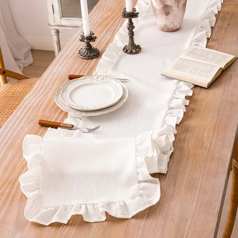 Chemin de Table Vintage Français Polyester Lin Minimaliste Nordique Bord à Volants Plissé Blanc Caramel pour Salle à Manger Maison