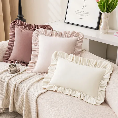 Ins Style Polyester Ruffle Pillowcase Decorative Throw Cushion Cover Solid Color Pink Cream Mauve Floral Embroidery Pillow Case For Sofa Home Decor