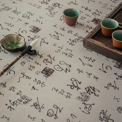Tovaglia in Cotone con Stampa Calligrafica Cinese Vintage Resistente al Calore Rettangolare per Soggiorno Tavolino da Tè Decorazione Casa