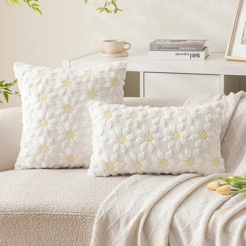 Cream Style Embroidered Plush Pillow Cover Soft PV Velvet Sunflower Bow Cushion Case For Sofa Living Room Home Decor