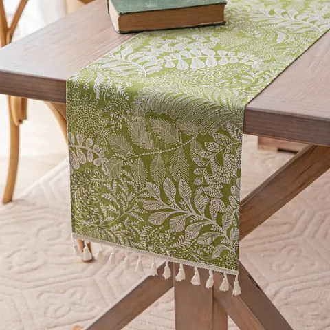 Green Table Runner White Fern Leaf Printed Faux Linen Table Cloth With Tassels For Dining Room Coffee Table Decoration