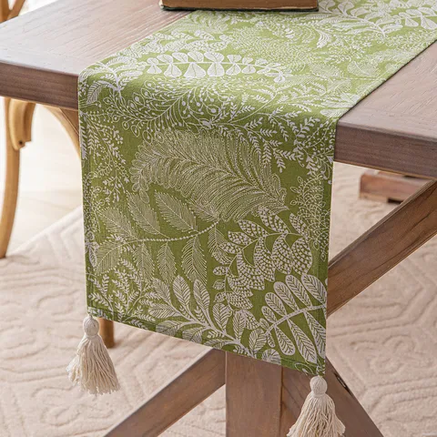 Green Table Runner White Fern Leaf Printed Faux Linen Table Cloth With Tassels For Dining Room Coffee Table Decoration