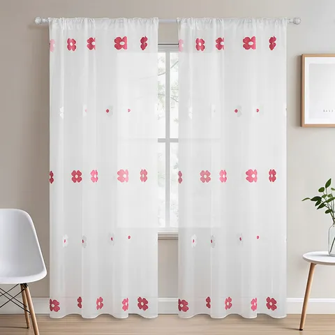 Cortina Transparente Bordada de Flores Rojas Pastoral Americano Poliéster Blanco para Sala de Estar Dormitorio
