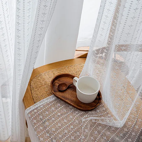 Moderner Französischer Bestickter Fensterschleier Weißer Polyester Floral Transparent Vorhänge Für Wohnzimmer Balkon Deko Stangentasche