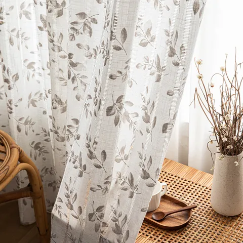 Japanese Wabi-sabi Style Hollow Out Printed Sheer Curtain For Living Room Translucent Privacy Protection Rod Pocket Window Drape