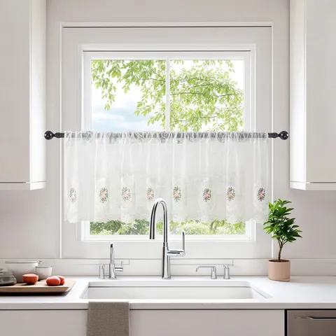 Cortinas de Café de Poliéster Blanco Con Bordado de Rosas y Encaje Florales Cortinas Cortas Para Separación de Gabinete de Cocina Cortinaje Translúcido