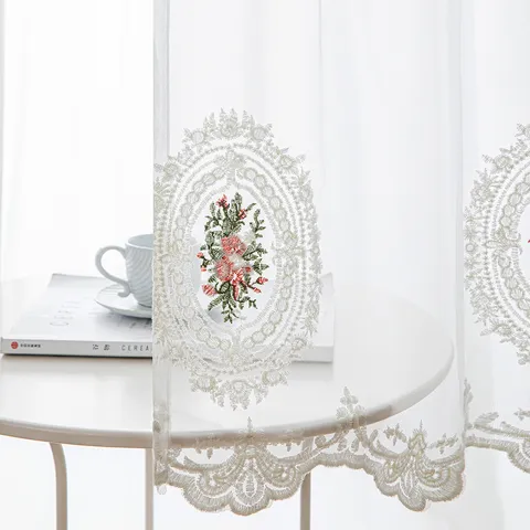 Cortinas de Café de Poliéster Blanco Con Bordado de Rosas y Encaje Florales Cortinas Cortas Para Separación de Gabinete de Cocina Cortinaje Translúcido