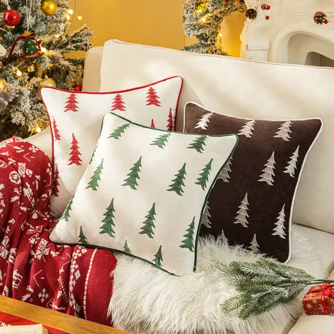 Christmas Tree Embroidered Pillowcase Linen Blend Decorative Throw Pillow Cover With Velvet Piping For Sofa Living Room Home Decor