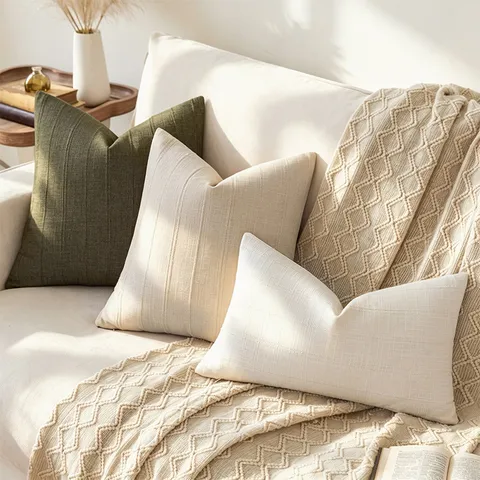 Japanese Striped Blended Pillowcase Cream French Vintage Sofa Cushion Cover Minimalist Decorative Throw Pillow Case Home Decor