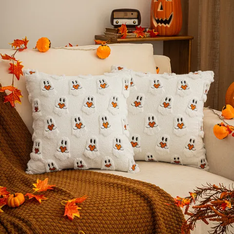 Halloween Cute Ghost Plush Pillow Case White Heart Ghost Embroidered Throw Pillow Cover For Sofa Living Room Home Decor