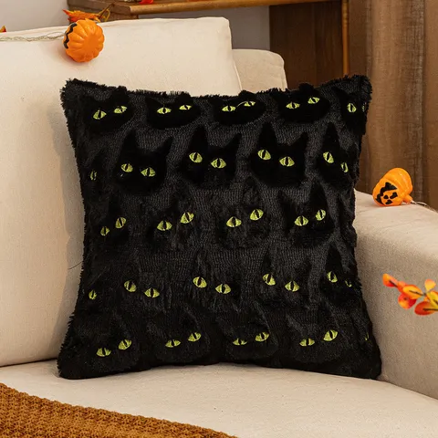 Halloween Black Cat Plush Embroidered Pillowcase Decorative Sofa Cushion Cover Festive Home Square Throw Pillow Case
