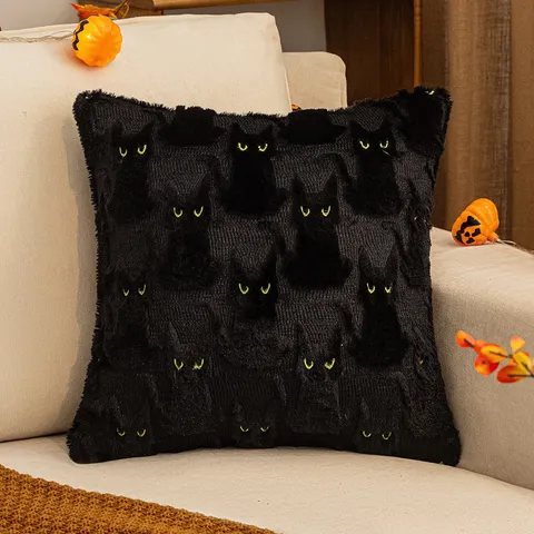 Halloween Black Cat Plush Embroidered Pillowcase Decorative Sofa Cushion Cover Festive Home Square Throw Pillow Case