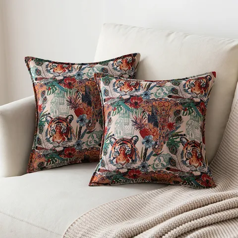 Vintage Tiger Jacquard Cushion Cover Retro Animal Floral Pattern Decorative Throw Pillowcase For Sofa Couch Bedroom Home Decor