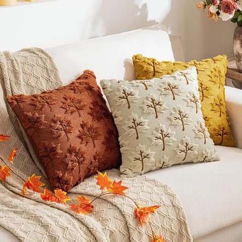 Herbststil Ahornblatt Plüsch Kissenbezug 3D Bestickter Ginkgoblatte Kissenbezug Wohnzimmer Sofa Hüftkissenbezug Für Herbst Home Decor