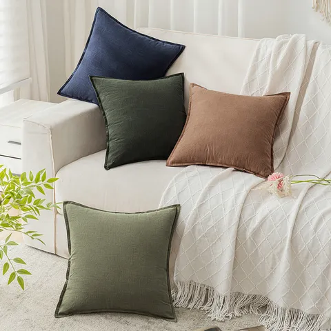 Funda de Almohada de Sofá de Algodón y Lino Minimalista Moderna Color Sólido Funda de Cojín Decorativa con Borde de Brida para Sala