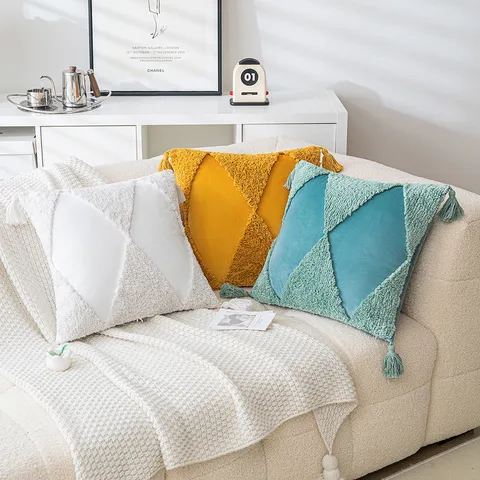Modern Tufted Velvet Throw Pillow Case With Tassels Geometric Decorative Cushion Cover For Sofa Living Room Bedroom