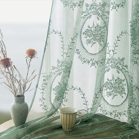 European French Vintage Rose Floral Hollow Lace Sheer Curtain Window Screen Polyester Light Transmitting Privacy Sheer Curtain For Living Room Bedroom Balcony