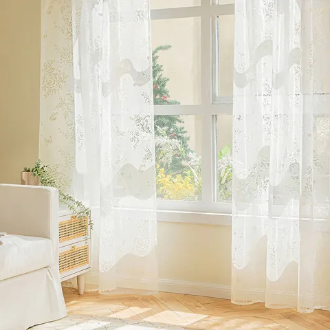 European French Vintage Rose Floral Hollow Lace Sheer Curtain Window Screen Polyester Light Transmitting Privacy Sheer Curtain For Living Room Bedroom Balcony