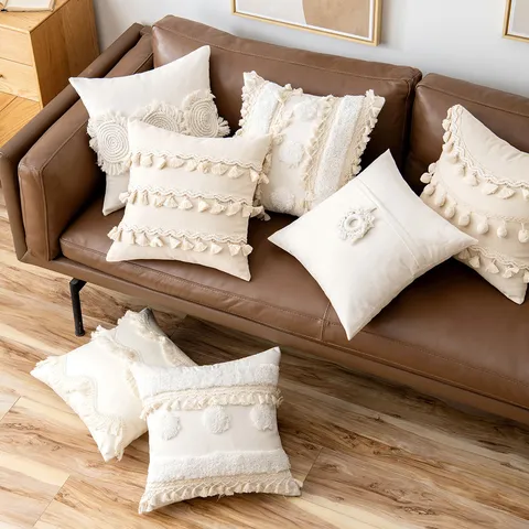 Boho Marokkanisch Getuftet Kissenbezug Mit Quasten Pompons Fransen Dekorative Baumwolle Kissenhülle Für Sofa Zuhause Dekor