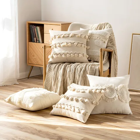 Boho Marokkanisch Getuftet Kissenbezug Mit Quasten Pompons Fransen Dekorative Baumwolle Kissenhülle Für Sofa Zuhause Dekor