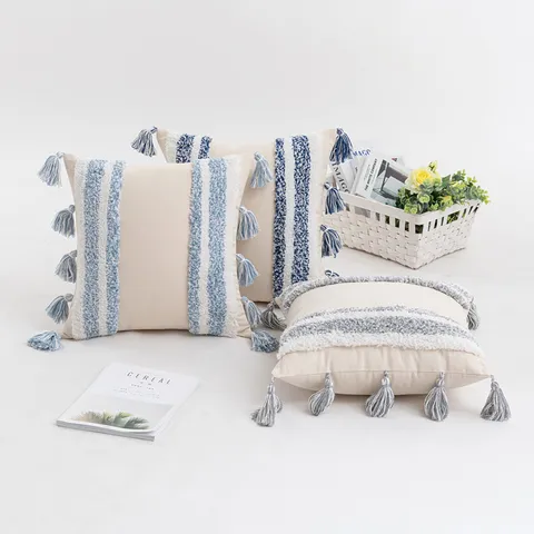 Bohemian Tufted Cushion Cover With Tassels Geometric Striped Pillowcase For Sofa Living Room Home Decor Polyester Throw Pillow Case Only