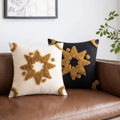 Modern Luxury Geometric Embroidered Tufted Cotton Cushion Cover Italian Octagonal Star Sofa Throw Pillow Case Home Decor
