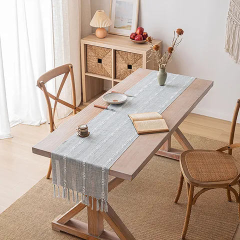 Camino de Mesa Moderno Rayado Calado Con Borlas de Mezcla de Algodón Color Sólido para Comedor Mesa de Centro Decoración