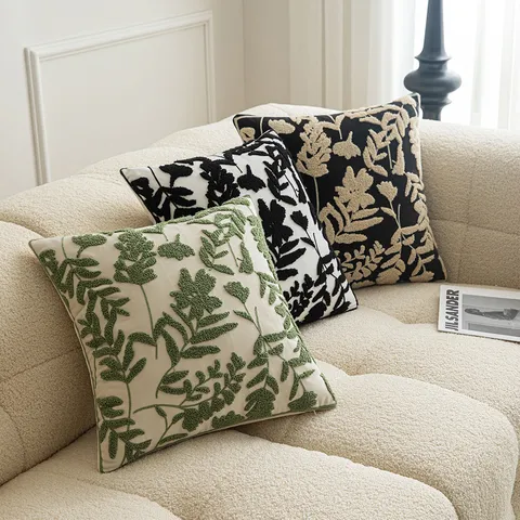 French Style 3D Embroidery Floral Tufted Pillowcase Light Luxury Square Sofa Cushion Cover Home Decor Throw Pillow Case