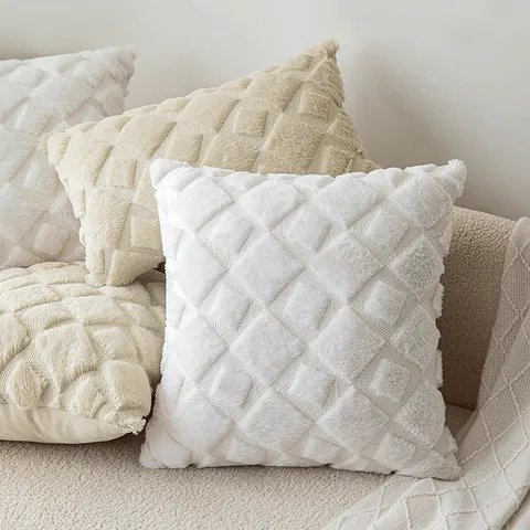 Modern Geometric Quilted Faux Rabbit Fur Throw Pillow Cover Soft Plush Square Rectangle Sofa Cushion Case Home Decor