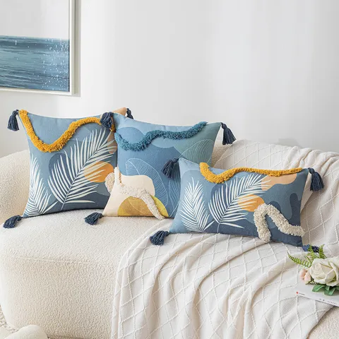 Morandi Tufted Pillow Case Boho Tassel Decorative Cushion Cover Modern Printed Leaf Polyester Pillowcase Sofa Home Decor
