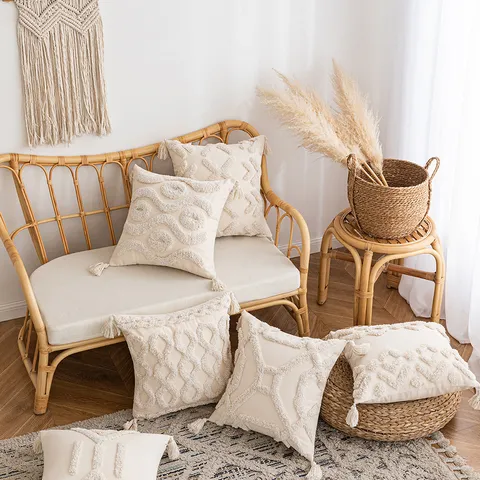 Handmade Tufted Pillow Cover With Tassels 3D Embroidery Woven Textured Wabi Sabi Style Bohemian Decorative Square Cushion Case