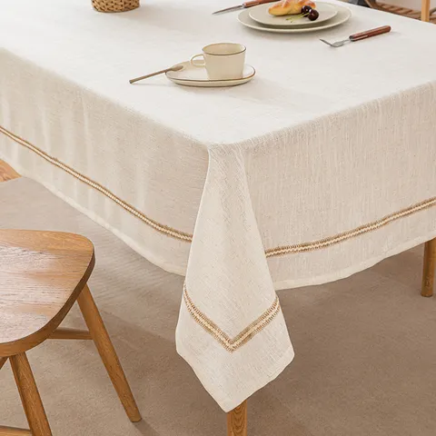 Japanese Style Faux Linen Tablecloth Polyester Off-White Rectangular Dining Table Cover With Hemp Rope Lace Edge For Home Decor
